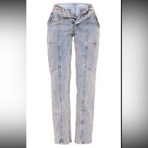 Petite Vintage Wash Seam Back Foldover Waistband Straight Leg Jeans